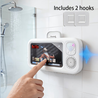Shower Phone Holder Wall Mount with Bluetooth Speaker – 360° Rotating Waterproof Touchscreen Bathroom Phone Stand for iPhone 16 15 14 13 Samsung Galaxy Android – Hands-Free Bathtub Mirror Mount Black Pink White