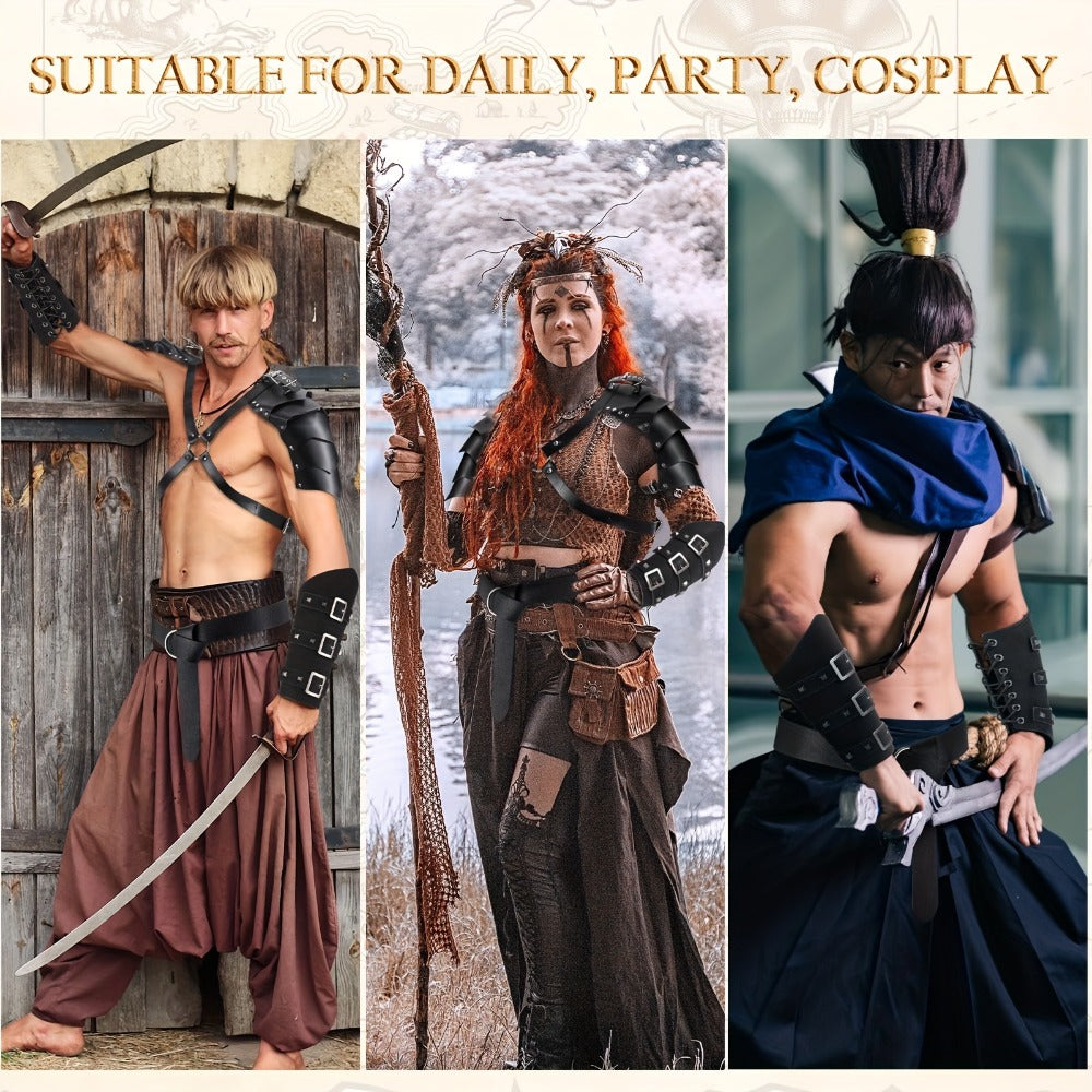 Costume Accessories 4-Piece Medieval Armor Set with Shoulder Cape, Arm Guards and Belt in Black