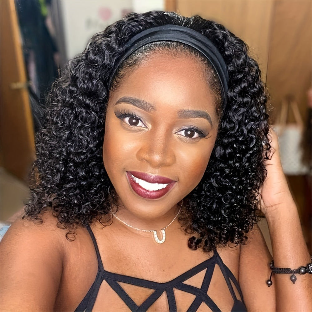 Kinky Curly Headband Human Hair Wig in Natural Color with 14-, 16- or 20-Inch Length Options