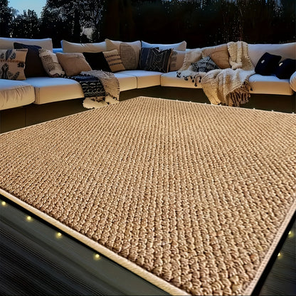 Brown Woven-Look Outdoor Area Rug with Bound Edges and Five Rectangular Size Options for Patio or RV