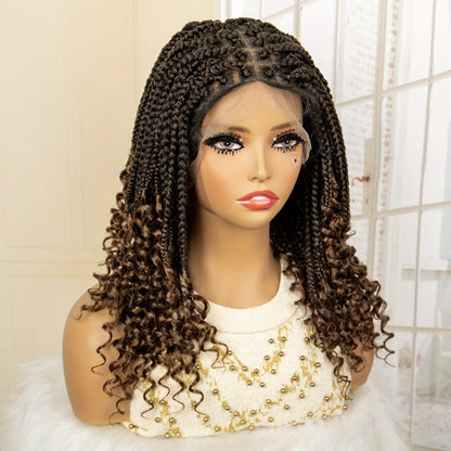 Goddess Braided Wig Knotless Bohemian Square Braid Full Lace Curly Wave 14-16 Inch Black Burgundy Brown Natural Hairline Protective Style Synthetic Wig for Women