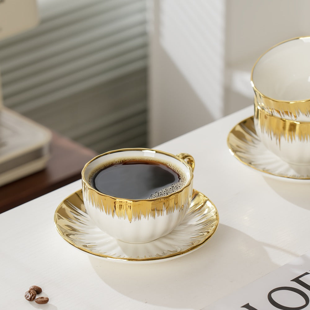 European-Style Coffee Cup and Saucer Set, Six 250 ml White and Gold-Trim Place Settings for Tea and Espresso