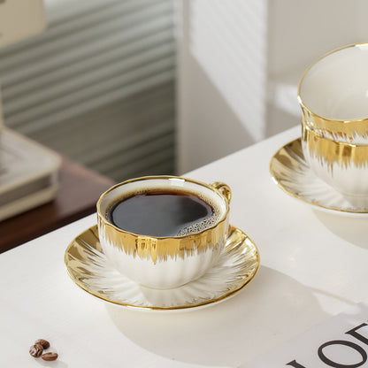 European-Style Coffee Cup and Saucer Set, Six 250 ml White and Gold-Trim Place Settings for Tea and Espresso