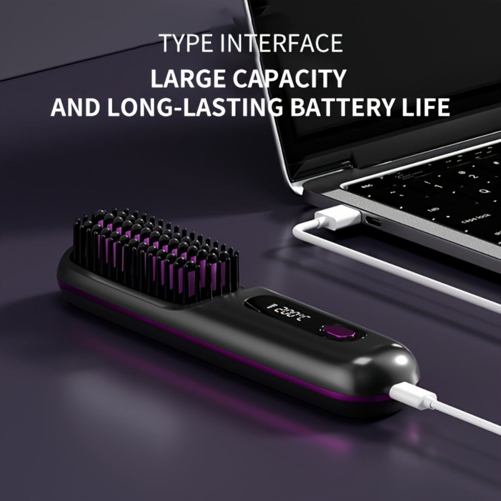 Cordless Hair Straightening Brush with USB-C Charging, Three Heat Levels and Black or White Options
