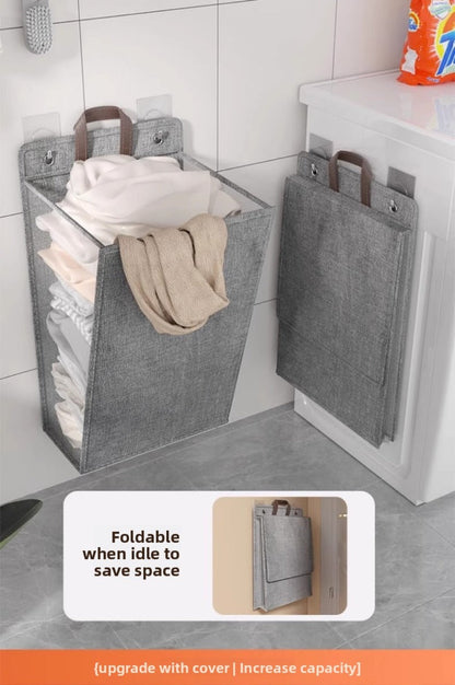 Large Gray Wall-Mounted Foldable Laundry Hamper with Lid for Bedrooms, Bathrooms and Living Rooms