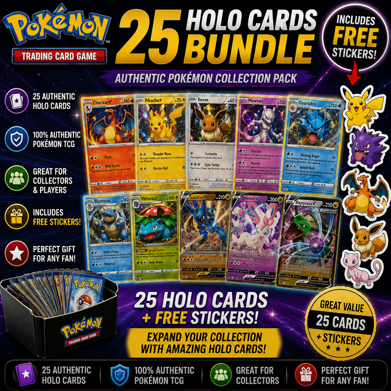 Pokemon Holo Cards Bundle 25 Cards | Authentic Holographic & Reverse Holo TCG Cards Assorted Sets | Free Stickers Included | Gift for Kids & Collectors
