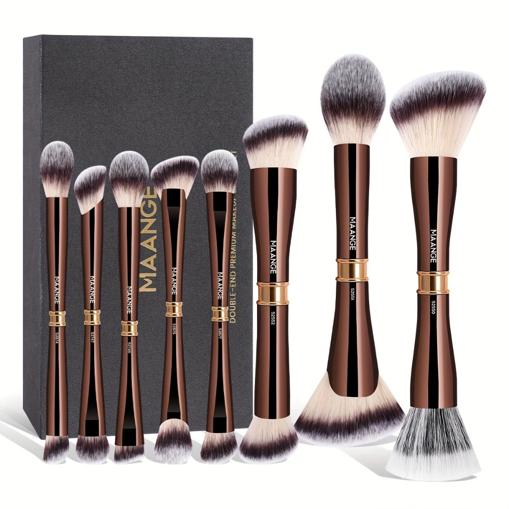 Double-Ended Makeup Brush Set 8-Piece with Storage Box – Premium Aluminum Alloy Handle, 16 Brush Heads for Foundation Blush Contour, Travel-Ready Gift for Women