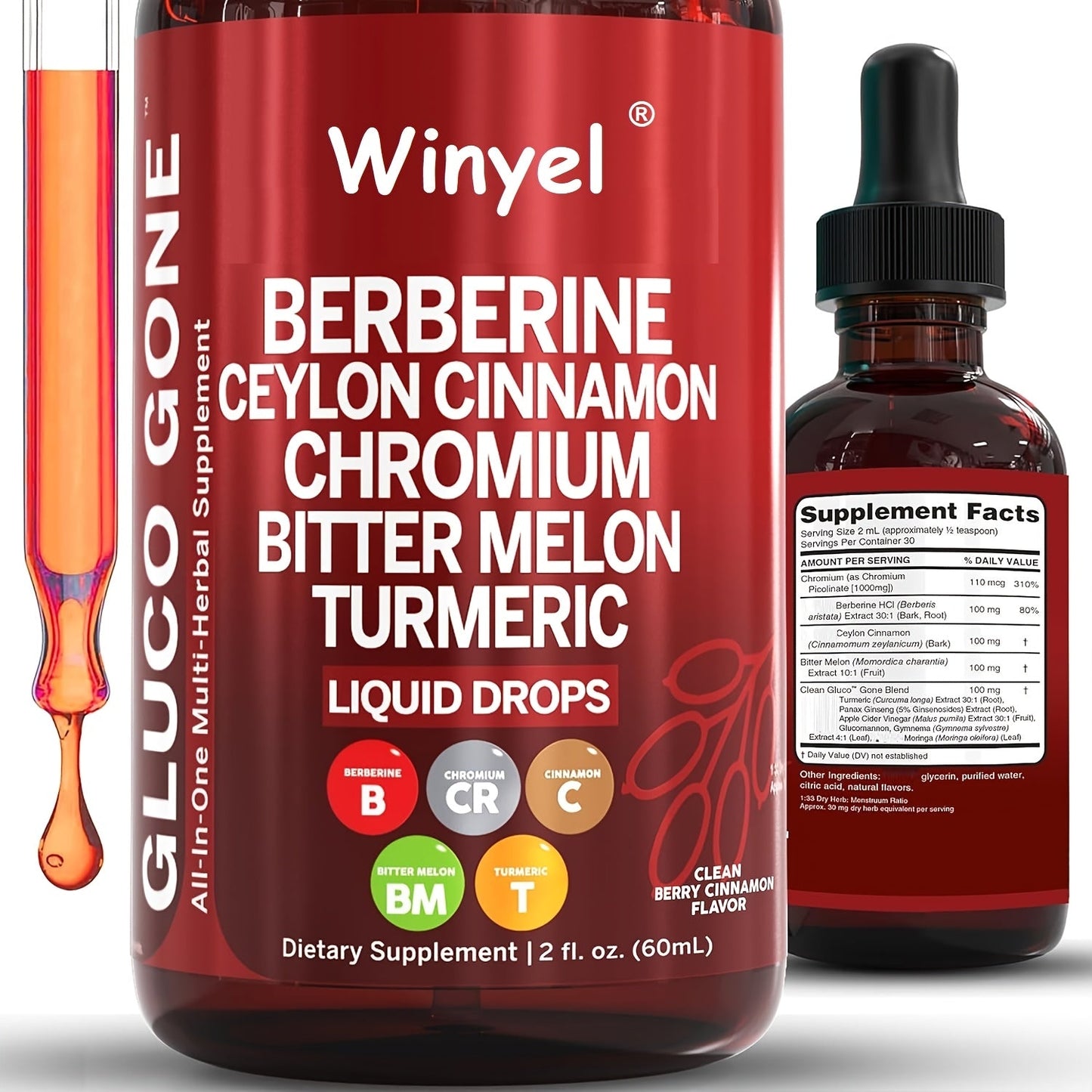 Blood Sugar Support Liquid Drops with Ceylon Cinnamon Berberine Bitter Melon Gymnema Chromium Turmeric Panax Ginseng — Vegan Glucose Metabolism Drops | 2.03 fl oz