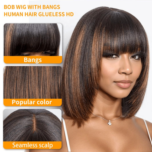 Straight Bob Wig with Bangs Human Hair 3x1 Lace Part Pre-Plucked Glueless Brazilian Short Bob 150 Density 1B/30 Highlight Natural Black 10-12 Inch Women