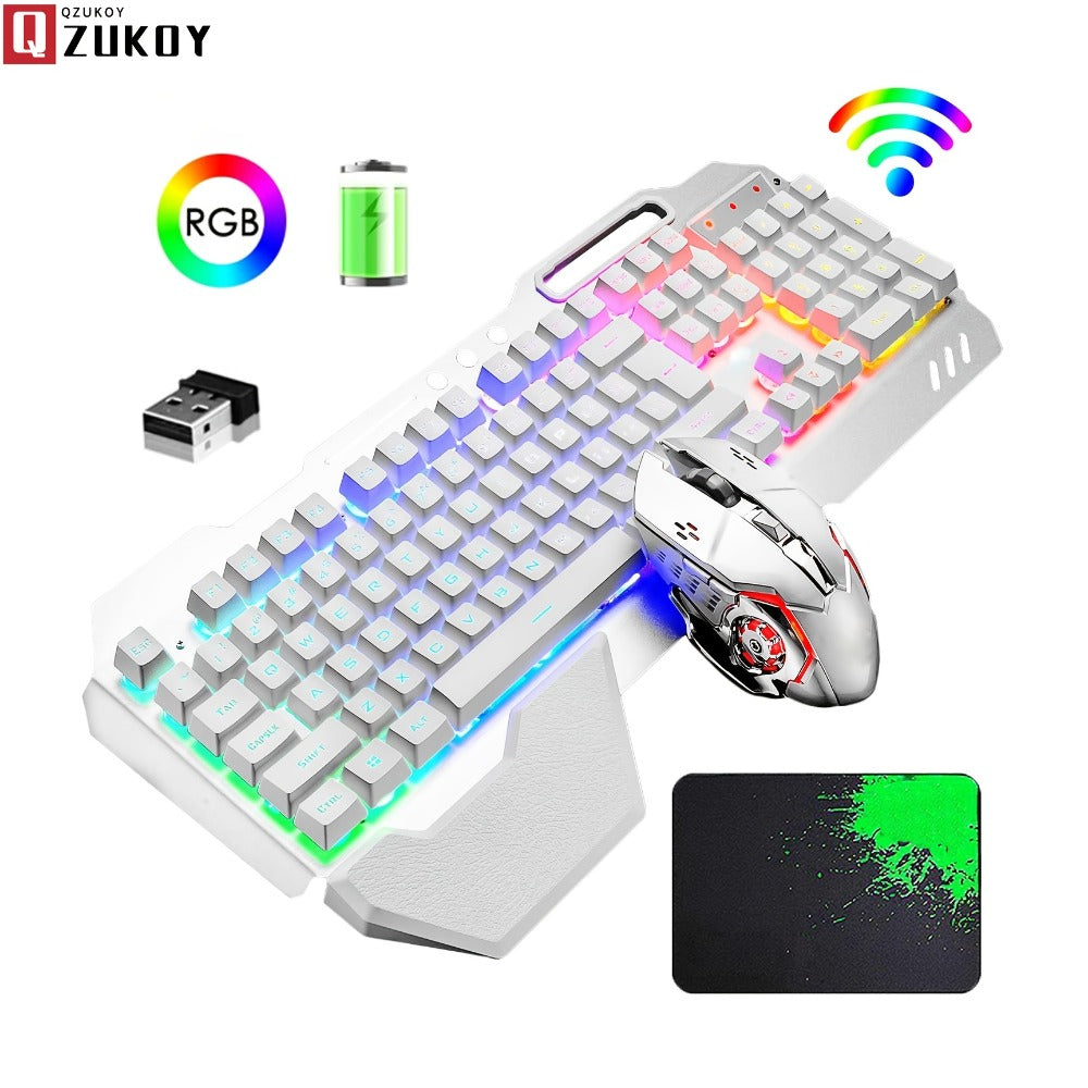 RGB Wireless Gaming Keyboard and Mouse Combo 2.4GHz Rechargeable Backlit Mechanical Feel Metal Panel for PC Laptop Desktop Black White Gamer Gift