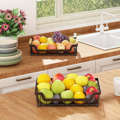 Two- or Three-Tier Black Wire Fruit Basket with Wood-Look Handle and Two Banana Hanger Hooks