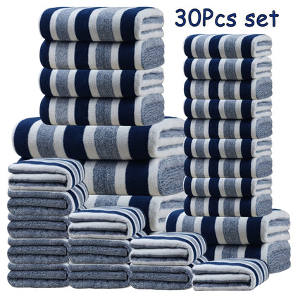 Thirty-Piece Striped Bath Towel Set with Bath, Hand and Washcloth Sizes in Ten Color Checkouts