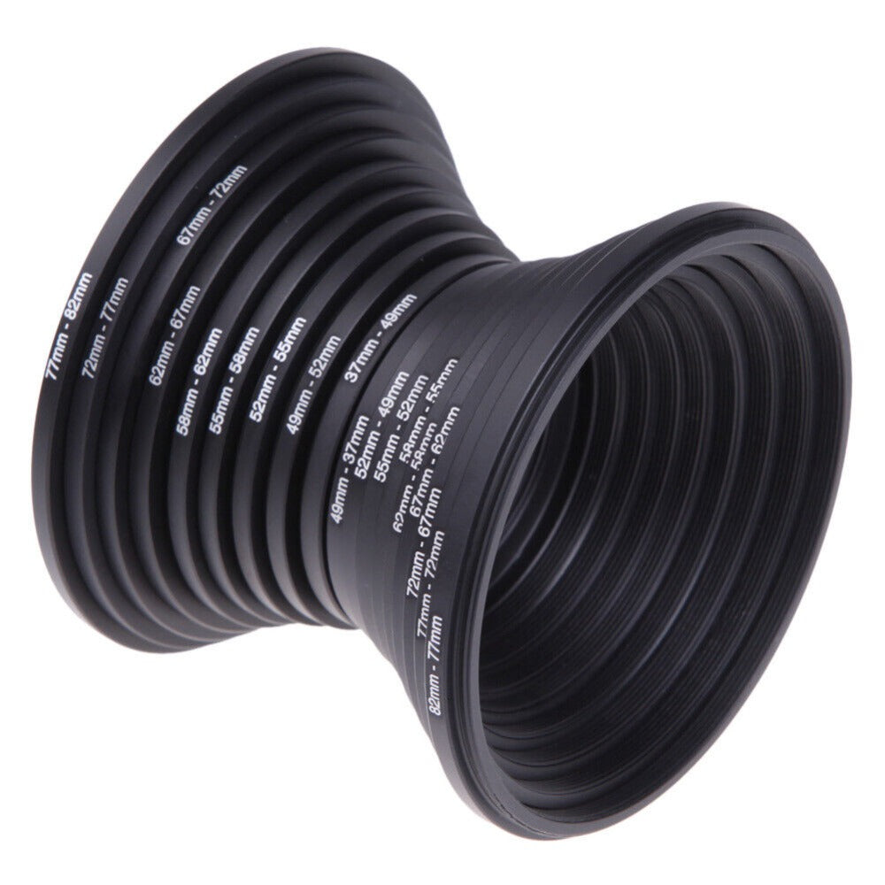 18-Piece Step-Up and Step-Down Lens Filter Adapter Ring Set Covering 37–82 mm Thread Sizes