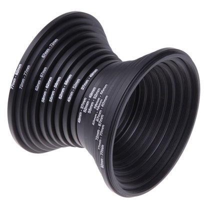 18-Piece Step-Up and Step-Down Lens Filter Adapter Ring Set Covering 37–82 mm Thread Sizes