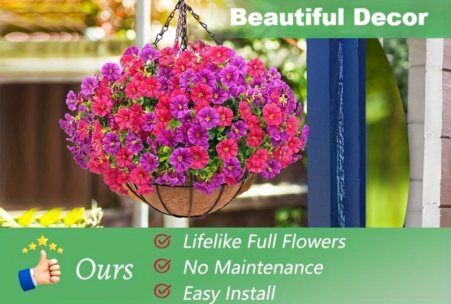 Artificial Flowers Hanging Petunia Arrangement with Included Planter Container and Six Color Options