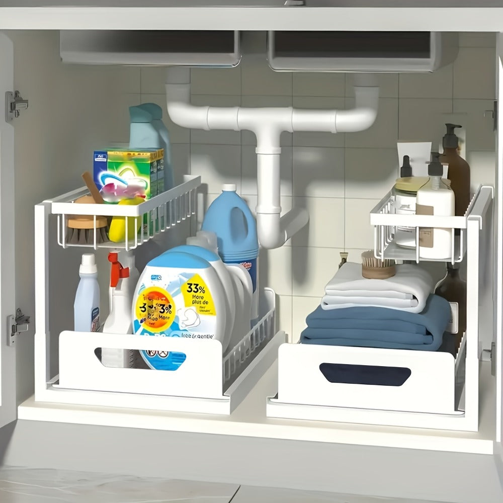 Two-Tier Pull-Out Cabinet Organizer with Upper and Lower Sliding Trays in Grey, Black or White Package Options