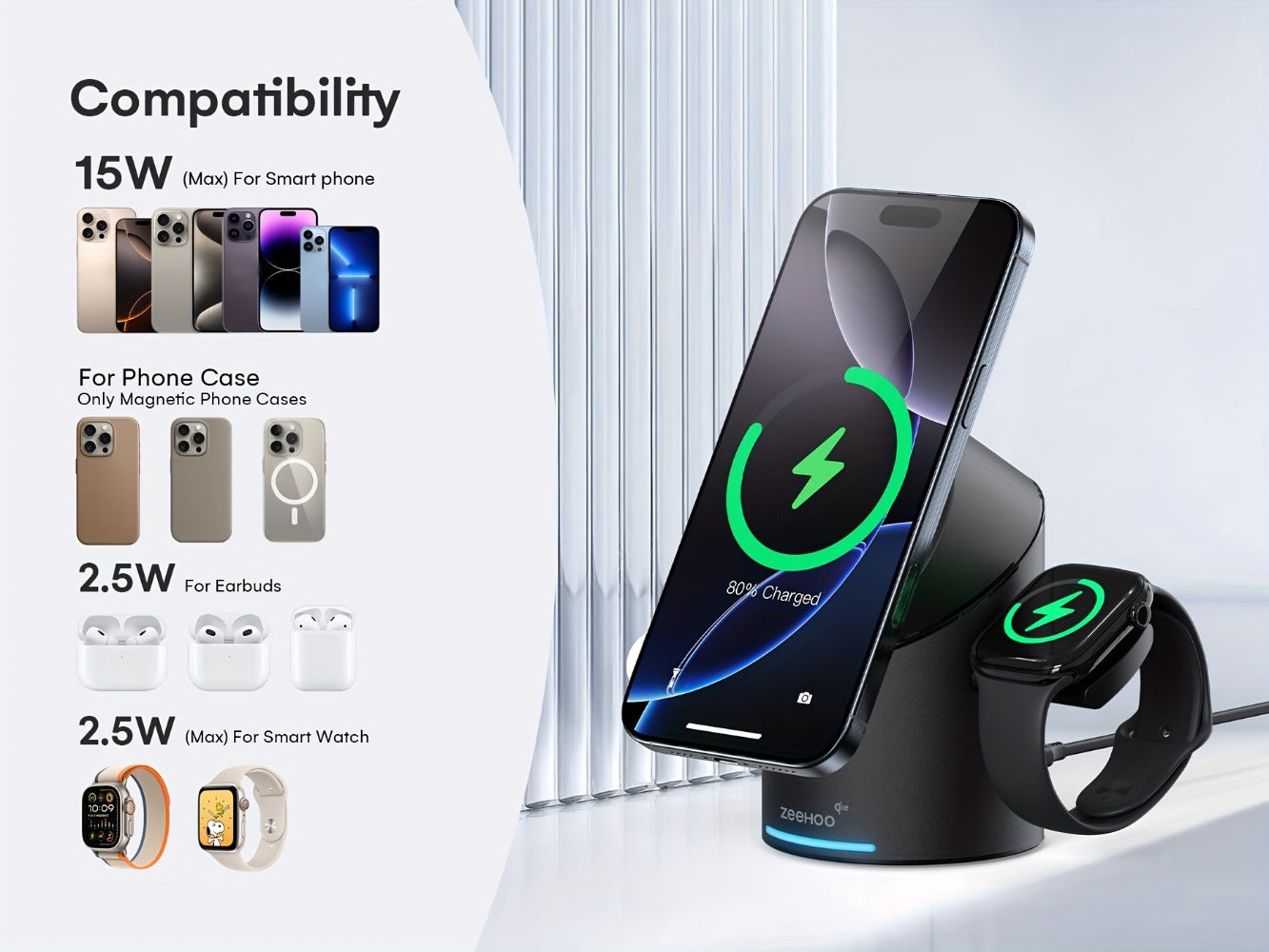 Wireless Charging Station, ZEEHOO CylinTrick-R Qi2-Marked 15W Rotating 3-in-1 Stand in White or Black