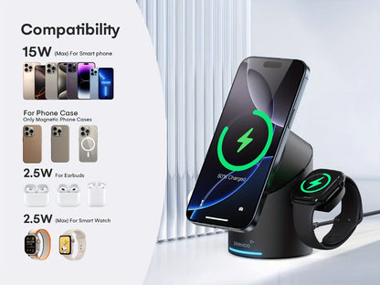 Wireless Charging Station, ZEEHOO CylinTrick-R Qi2-Marked 15W Rotating 3-in-1 Stand in White or Black