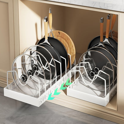 Two-Piece Pull-Out Cabinet Organizer for Pot Lids and Cookware with Removable Dividers in Black or White