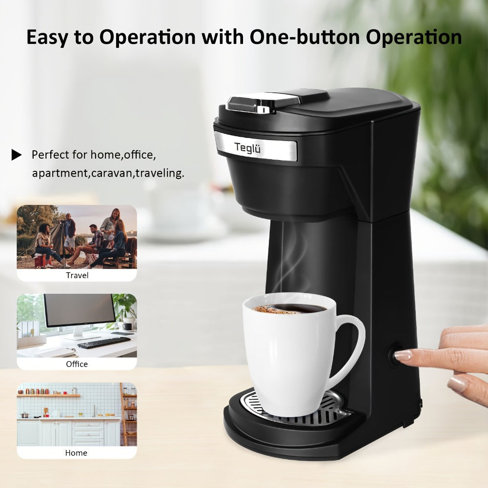 Single-Serve Coffee Maker for Pods or Grounds with 6-14oz Fill Labels, One-Button Control and Four Colors