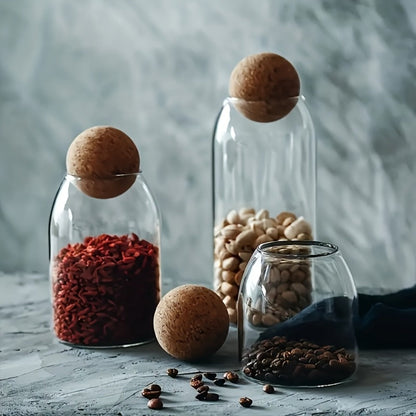 Three-Piece 17-Ounce Glass Storage Jar Set with Round Cork Stoppers for Tea, Candy, Spices or Dry Goods