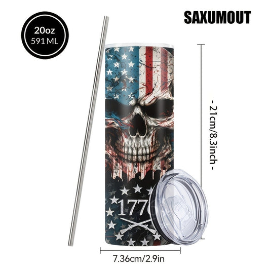 Insulated Tumbler 20oz Patriotic Skull Graphic in Blue with Stainless Steel, Lid and Straw