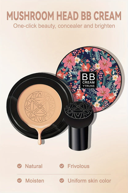 Floral Compact Air Cushion Foundation with Mushroom Puff Applicator and Ivory, Natural or Dark Shades