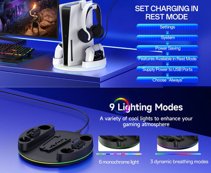 PS5 Charging Station with RGB Light Stand for PS5 Slim PS5 Pro - Fast Dual Controller Charger Compatible with All PlayStation 5 Console Models