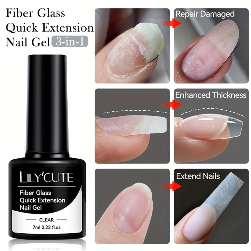 Clear Fiberglass Builder Gel 3-Pack, 7ml Bottles for Broken Nail Repair and Extensions with UV or LED Lamp Curing