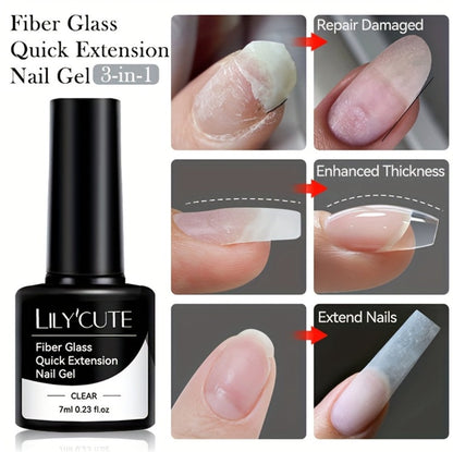 Clear Fiberglass Builder Gel 3-Pack, 7ml Bottles for Broken Nail Repair and Extensions with UV or LED Lamp Curing