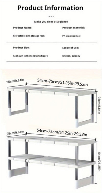 Adjustable Under-Sink Organizer with White Single-Layer Sliding Panels, Metal-Look Supports and Central Plumbing Gap