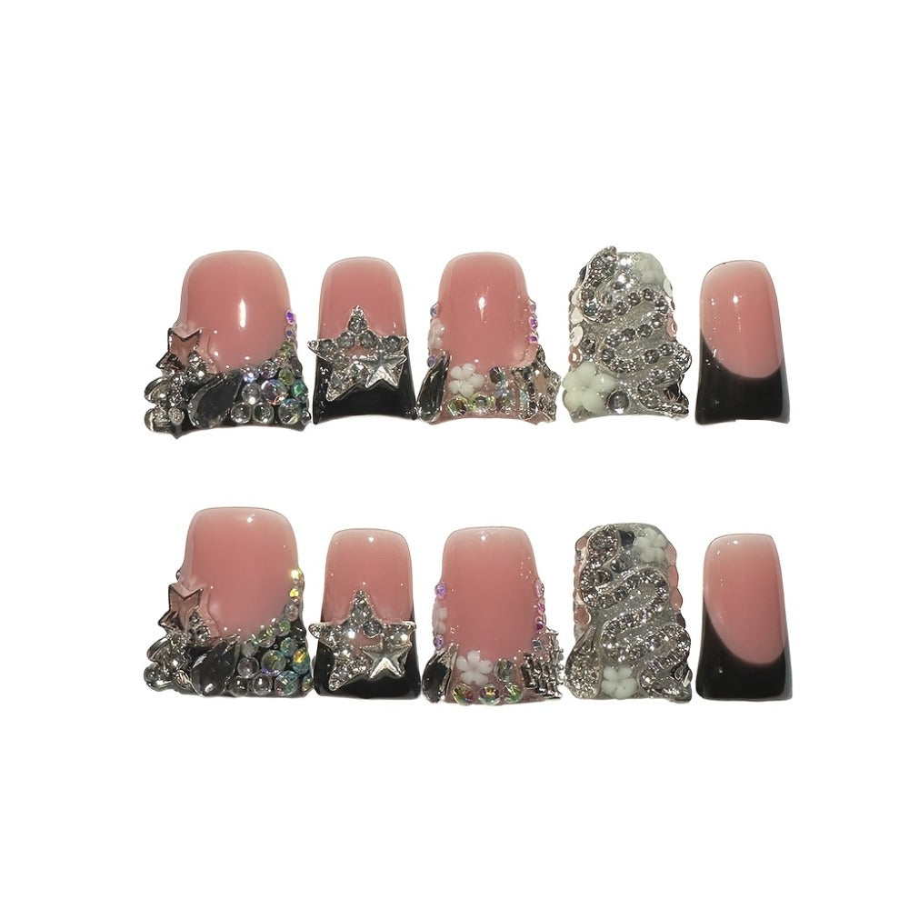 Press On Nails 10-Piece Short Duckbill Set with Black French Tips, Snake, Stars and Self-Adhesive Gel Tabs