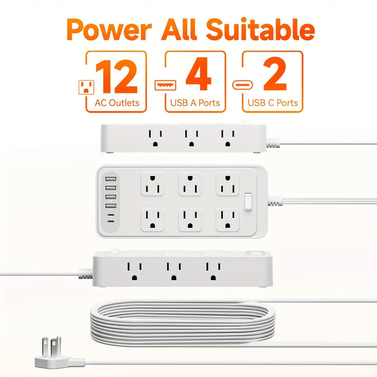 Charging Station 18-in-1 Power Strip Surge Protector 12 AC Outlets 6 USB Ports 4 USB-A 2 USB-C Flat Plug Wide Spacing Wall Mount for Home Dorm Office Travel