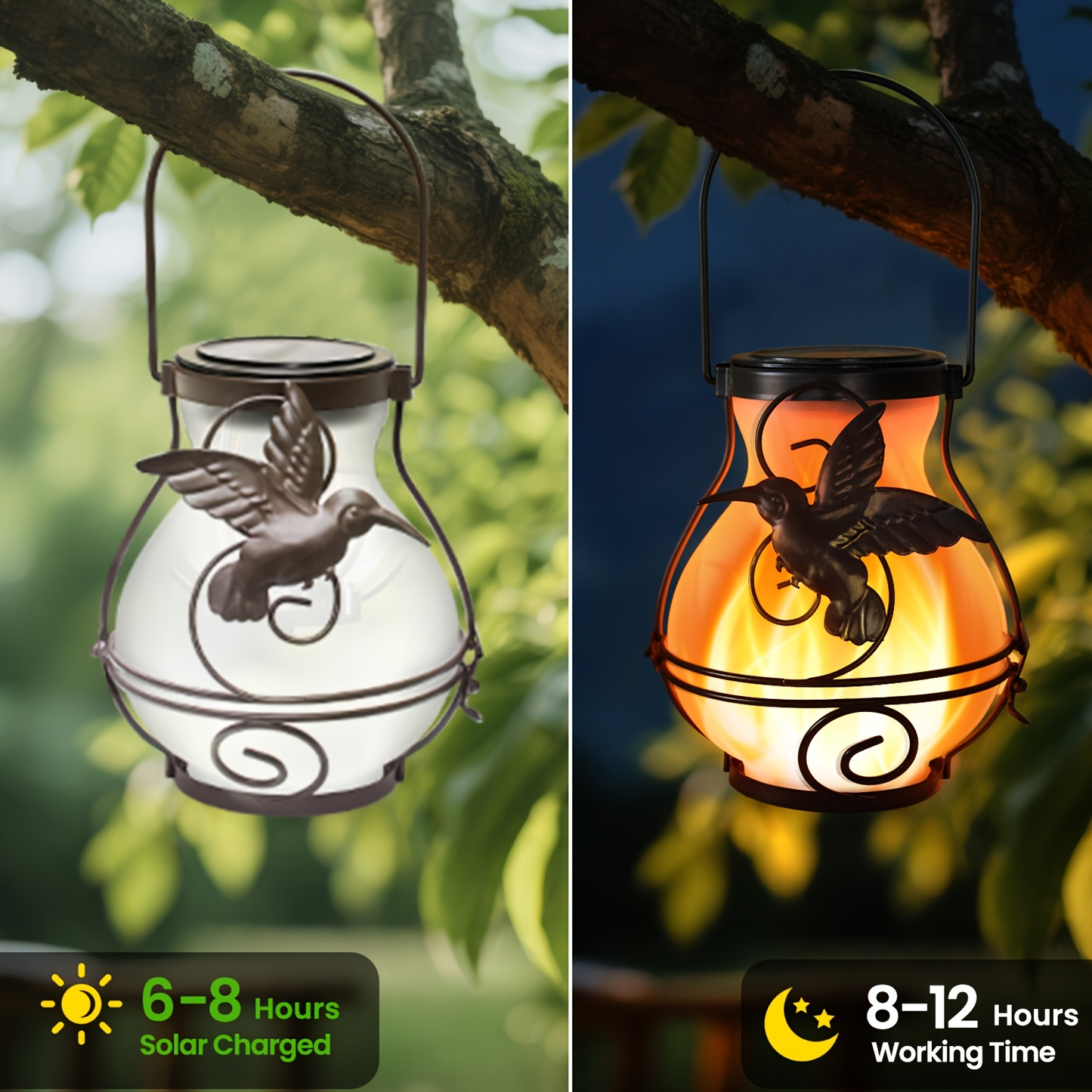 Solar Outdoor Lights Hummingbird Flickering Flame Hanging Lanterns, IP44, 2- or 4-Pack for Yard Decor
