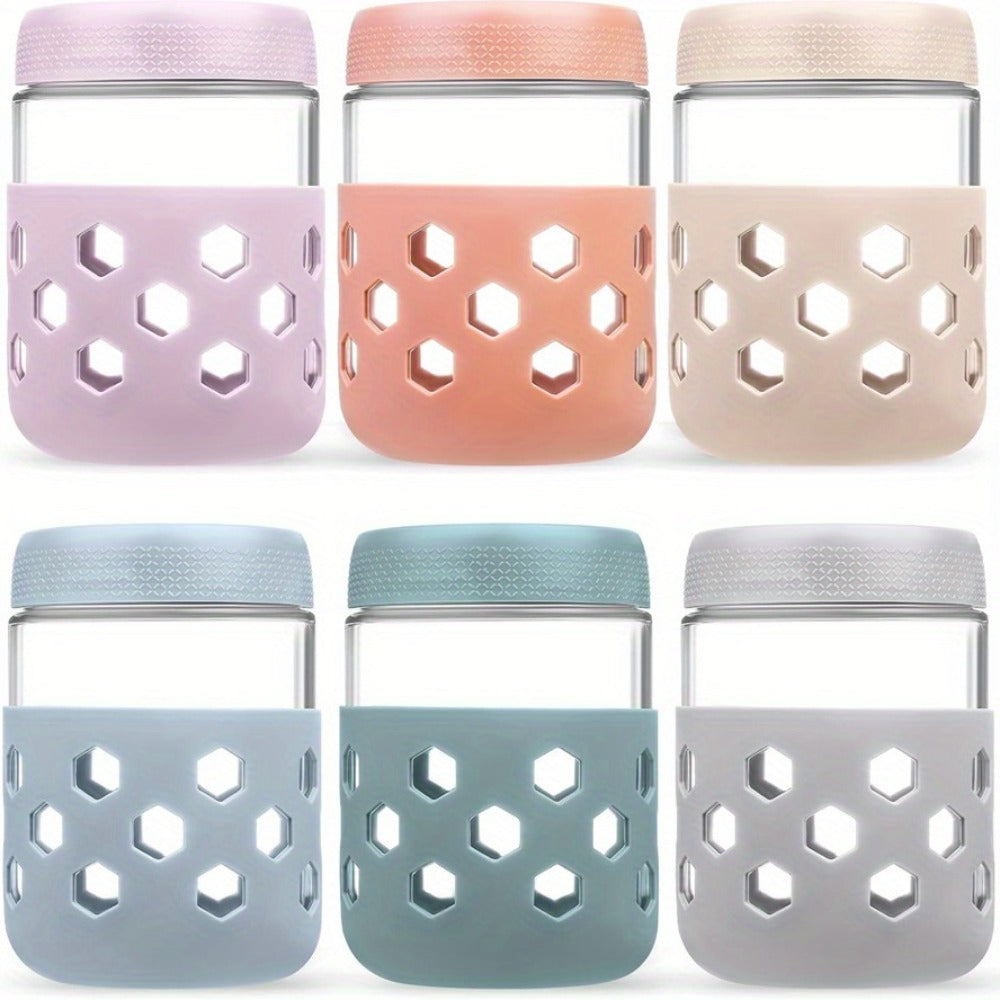 Glass Jar Food Storage Organizer Six-Pack with 16oz Screw-Top Jars and Optional Silicone Sleeves