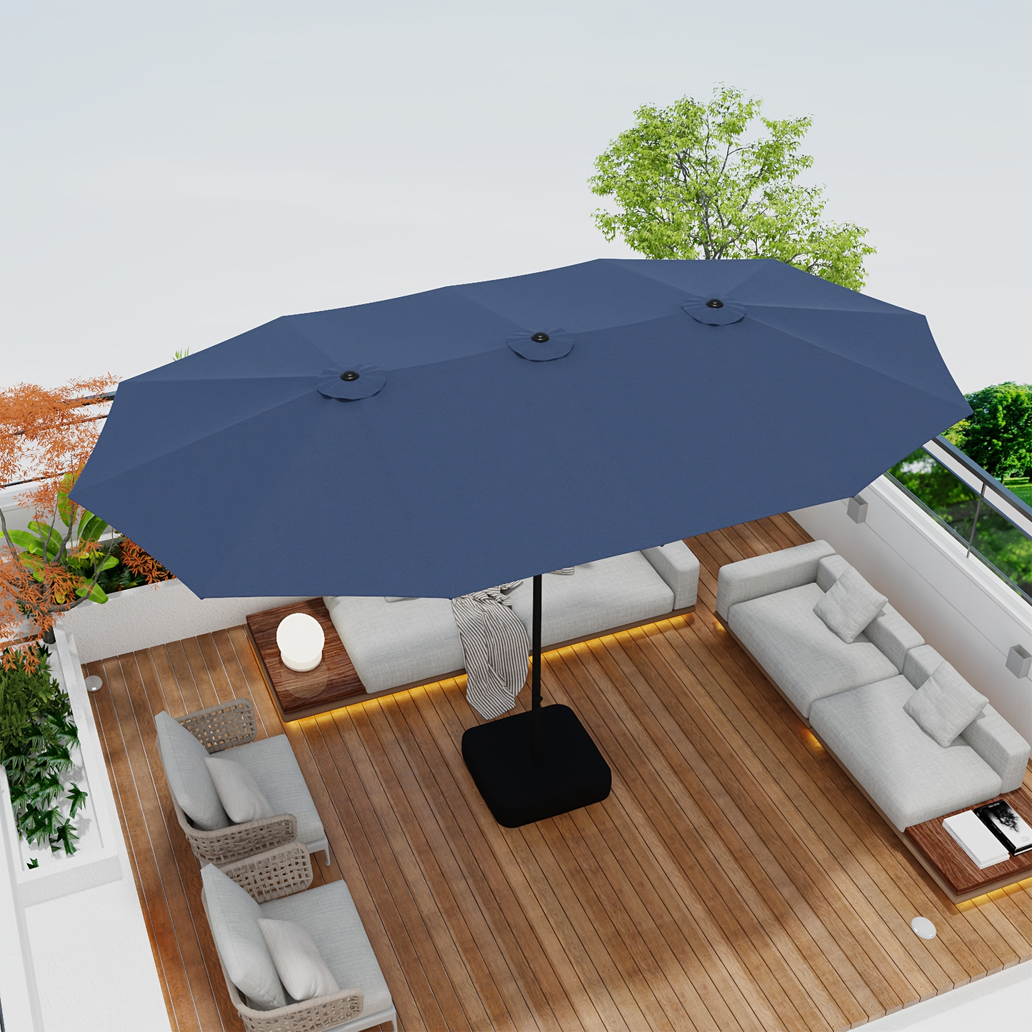 Large Patio Umbrella 15FT Double-Sided Rectangular with LED & Base