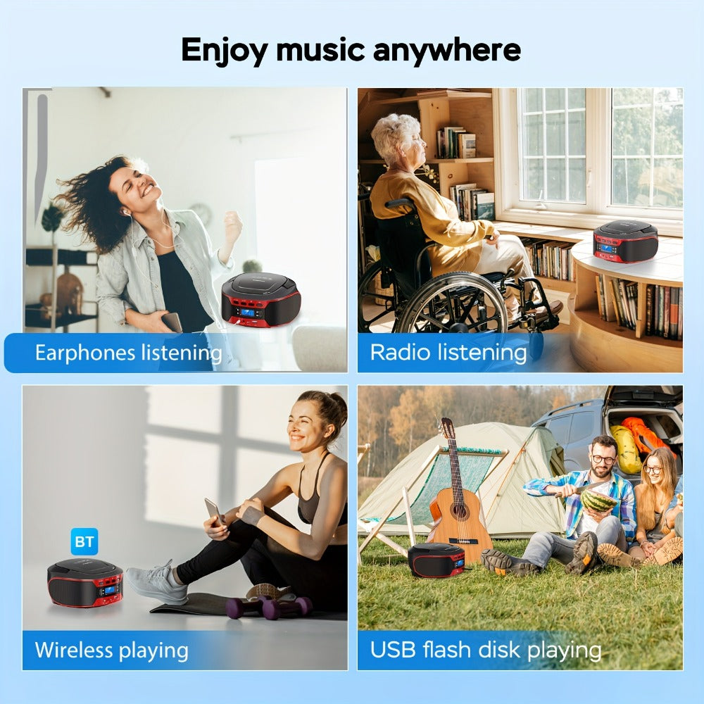 Bluetooth CD Player Boombox with FM Radio – Portable CD Boombox with AUX USB Playback, Earphone Jack, Stereo Speakers, Battery or AC Powered, CD Player for Home and Outdoor Use