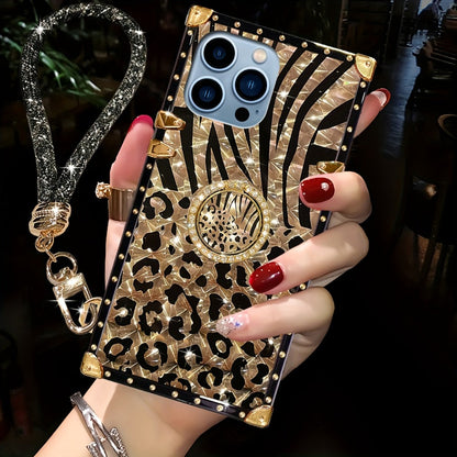 Leopard Print iPhone Case with Ring Buckle Stand Anti-Drop Fashion Rectangular Cover for iPhone 16 Pro Max 15 Pro Max 15 Plus 14 Pro Max 13 Pro Max 12 Pro Max – Trendy Women Girls Kickstand Phone Case
