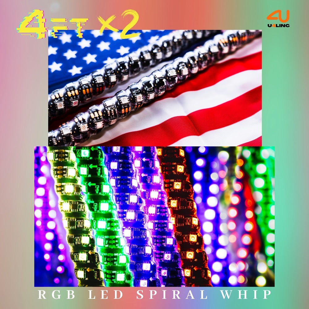 RGB LED Whip Lights for UTV ATV – 1ft/2ft/3ft/4ft Spiral Color Changing Neon Light Whips with Remote & App Control, Music Sync, for RZR SXS Dune Buggy Off-Road Truck (2pcs, No Spring Base)