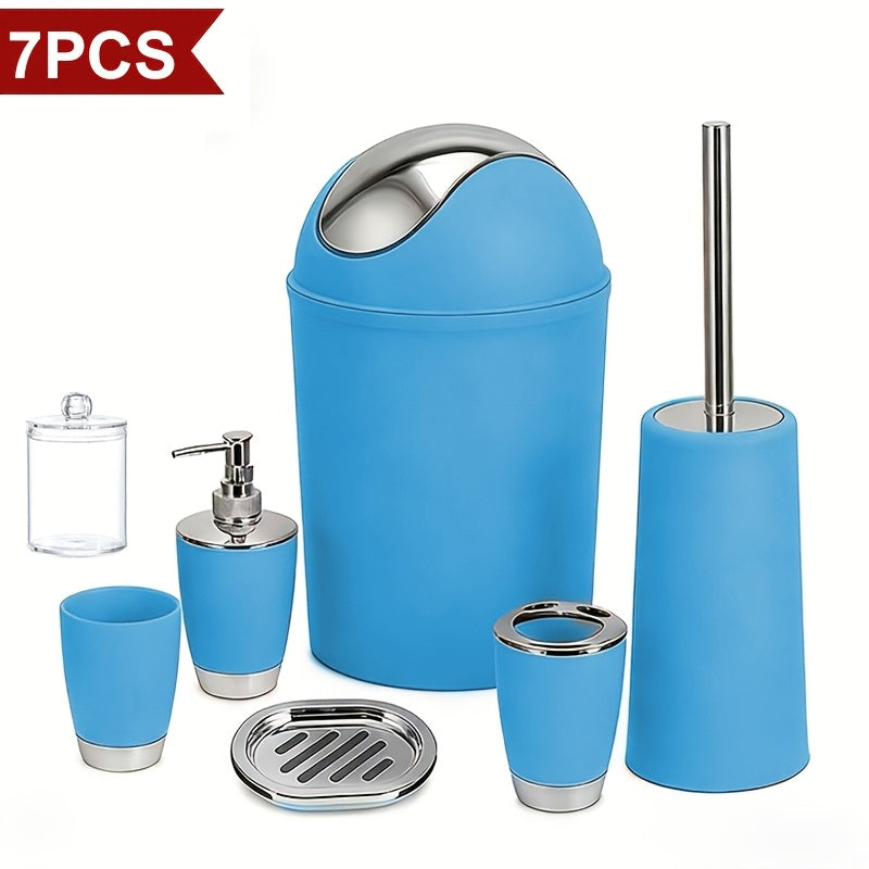 Seven-Piece Bathroom Accessory Set with Waste Bin, Toilet Brush, Dispenser and Containers in Seven Colors