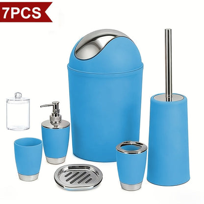 Seven-Piece Bathroom Accessory Set with Waste Bin, Toilet Brush, Dispenser and Containers in Seven Colors