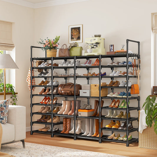 Shoe Rack 4-Row Metal Organizer with 6-Tier 55-Pair or 9-Tier 64-Pair Black Configurations