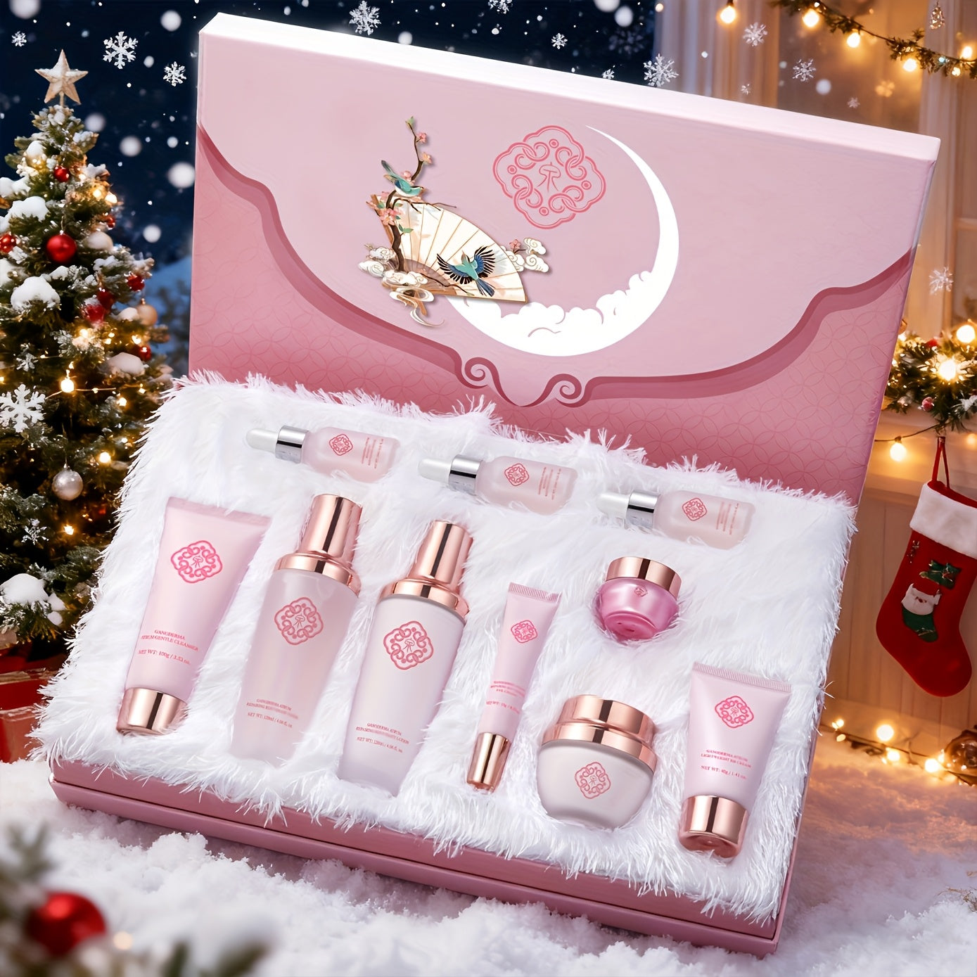10-Piece Botanical Skincare Gift Set with Coordinated Bottles, Jars and Tubes in a Pink Presentation Box