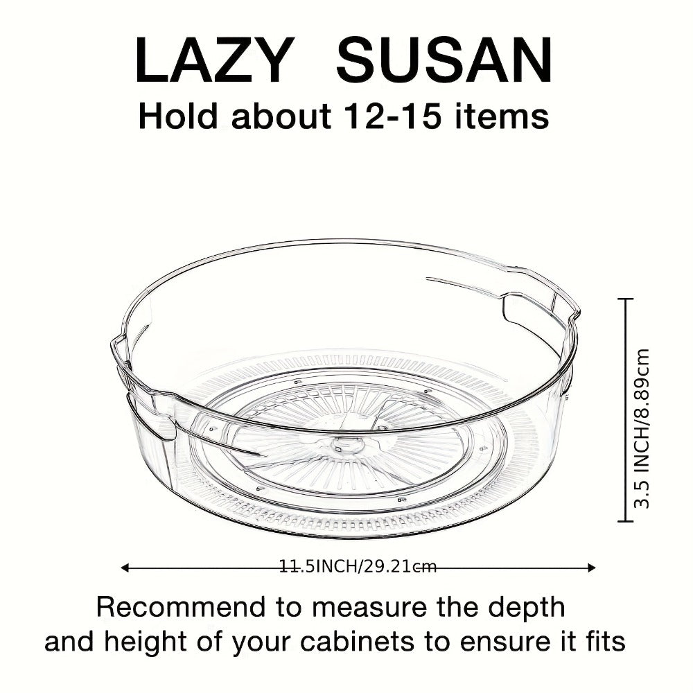 Clear Lazy Susan Turntable Organizer Four-Pack with 11.5-Inch Round Trays, Side Handles and Raised Edges