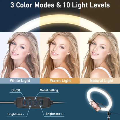 10-Inch Ring Light with Inline Cable Controls, Phone Holder and Desktop Bracket or Mini Tripod Options