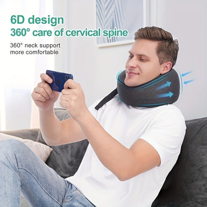 Black Memory Foam Travel Neck Pillow with Front Buckle, 23 × 15 × 28 cm Label, Removable Cover and Carry Bag