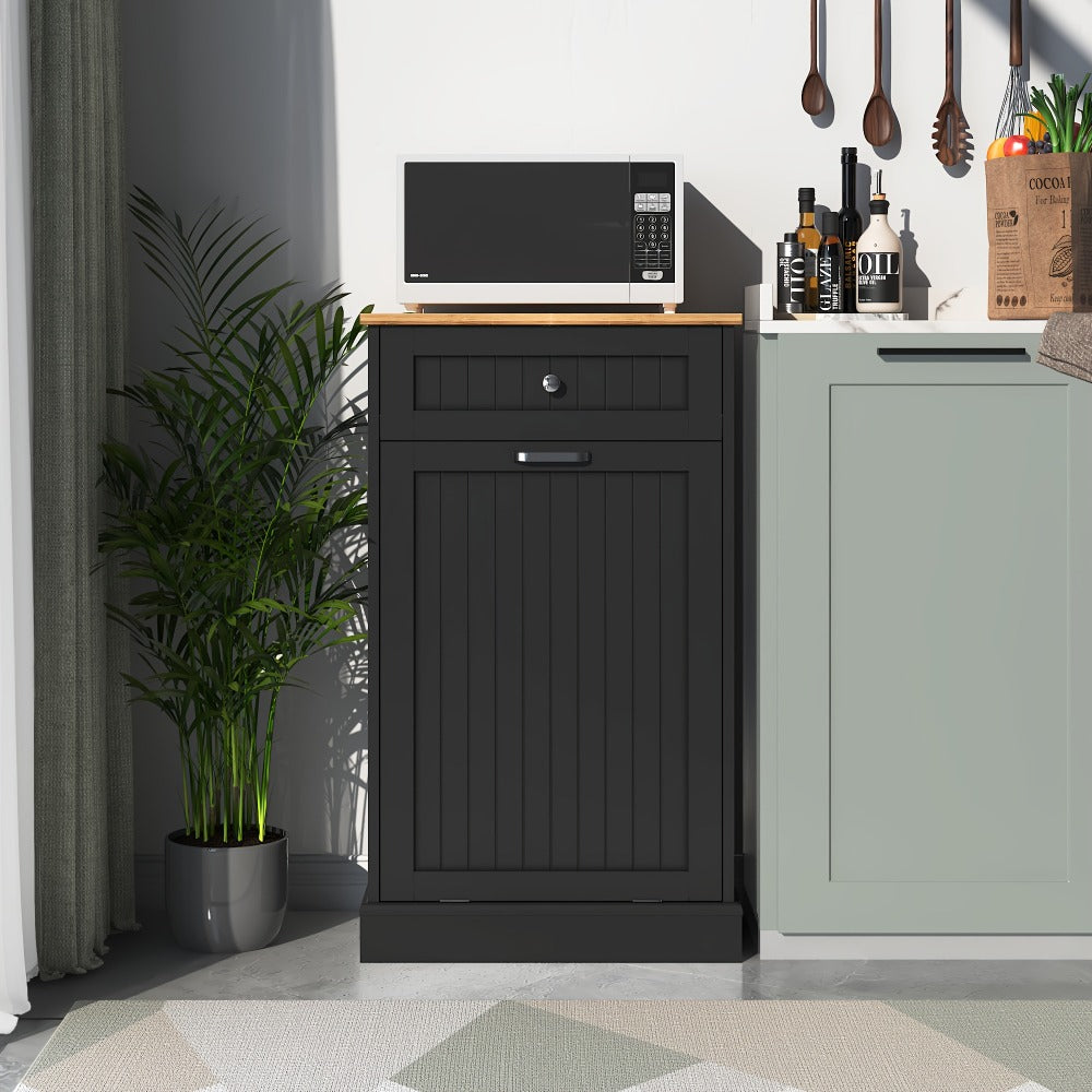 Tilt Out Trash Cabinet Freestanding Kitchen Garbage Cabinet with Cutting Board & Drawer – Wood Hideaway Recycling Station, Fits 10 Gal, Black/White