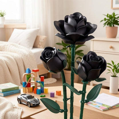 Building Block Set Black Rose Bouquet, 152-Piece Three-Flower Model with Adjustable Stems and Leaves for Display