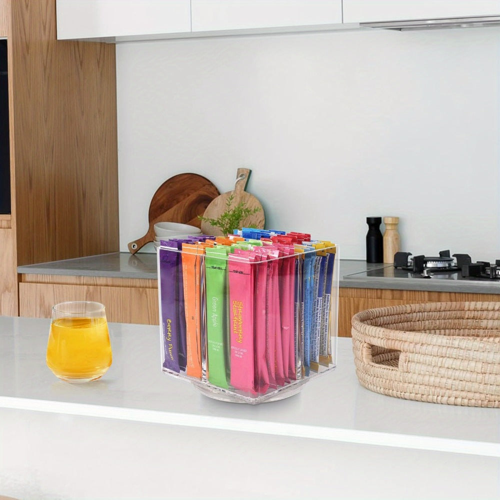 Rotating Drink Packet Kitchen Organizer, 4.5-Inch Square Acrylic Turntable with Divided Compartments
