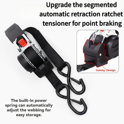 Ratchet Tie-Down Straps with Auto-Retract & Speed Control – Heavy-Duty Cargo Securing Kit with Hooks & Storage Bag | Motorcycle Transport, Towing & Truck Bed Load Securing